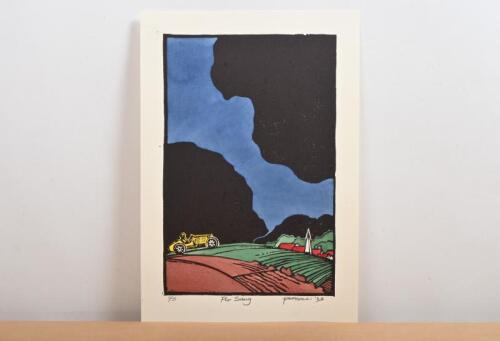 BUGATTI: A hand coloured wood block print by Peter McGann depicting a yellow Pur Sang Bugatti in a rural setting. Numbered lower left edition '2' of 5