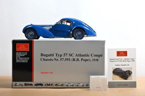 TYP 57 SC ATLANTIC COUPE: A CMC 1:18 scale Bugatti Typ 57 SC Atlantic Coupe - Chassis-Nr.57.591 (R.B. Pope), 1938 (Item No. M-083) - in French blue. Numbered '5068'