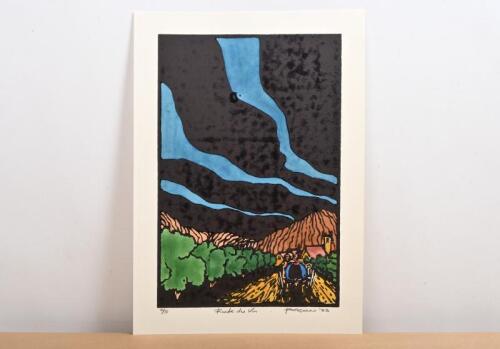 BUGATTI: A hand coloured wood block print by Peter McGann depicting a Bugatti T35B on a rural road. Numbered lower left edition '2' of 5