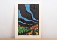 BUGATTI: A hand coloured wood block print by Peter McGann depicting a Bugatti T35B on a rural road. Numbered lower left edition '2' of 5