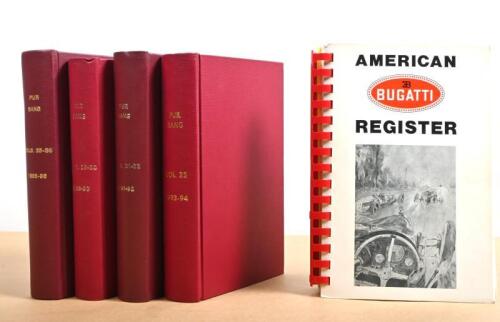 PUR SANG: A collection of American Bugatti Register material. Four bound volumes of 'PUR SANG', issues include VOLS. 29-30 (1989-90), VOLS. 31-32 (1991-92), VOL. 33 (1993-94), VOLS. 35-36 (1995-96). Spiral bound copy of 'AMERICAN BUGATTI REGISTER', 1988 S