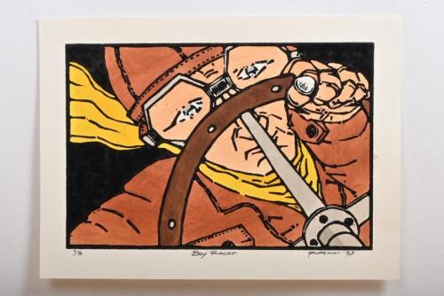 BUGATTI: A hand coloured wood block print by Peter McGann depicting a racing driver. Numbered lower left edition '2' of 5