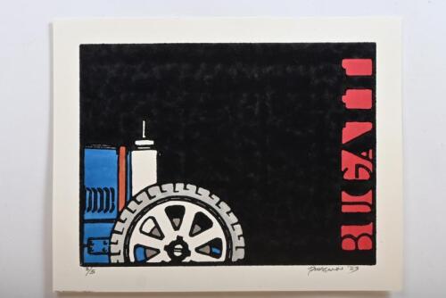 TYPE 35B: A hand coloured wood block print by Peter McGann depicting a Bugatti Type 35B front end. Numbered lower left edition '2 'of 5
