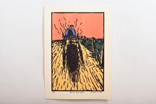 TYPE 35B: A hand coloured wood block print by Peter McGann depicting a Bugatti Type 35B at speed. Numbered lower left edition '2' of 5