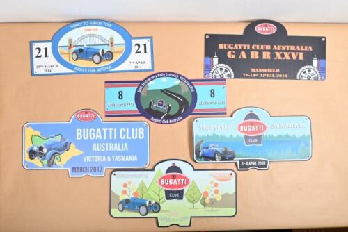 BUGATTI CLUB AUSTRALIA: A group of six BUGATTI CLUB AUSTRALIA event plate placards. Consecutive years from 2014 - 2019