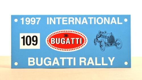 NEWMARKET: A metal placard for the 1997 INTERNATIONAL BUGATTI RALLY as held at Newmarket, U.K
