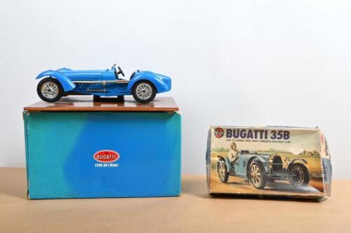 BUGATTI: Two Bugatti models. 1:18 scale Bburago "TYPE 59" (1934) in French Blue (cod.3505) & AIRFIX BUGATTI 35B plastic model kit in 1:32 scale (03442-9, SERIES 3)