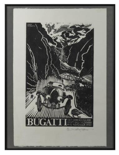 BUGATTI NEW ZEALAND: A Derek Margetis black lino cut print - 'BUGATTI FIRST GRAND PRIX NEW ZEALAND BUGATTI RALLY CHRISTCHURCH 4-10 NOVEMBER 1990'. Numbered 20/25