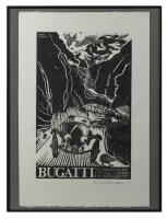 BUGATTI NEW ZEALAND: A Derek Margetis black lino cut print - 'BUGATTI FIRST GRAND PRIX NEW ZEALAND BUGATTI RALLY CHRISTCHURCH 4-10 NOVEMBER 1990'. Numbered 20/25