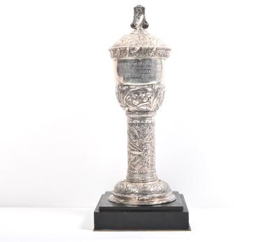 An important French silver lidded trophy cup awarded to the famous Grand Prix Bugatti driver Elisabeth Junek for the 1926 Zbraslav-Jiloviště Hill Climb by the Czech gold & silversmith Josef Ladislav Němec