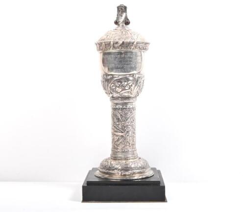 An important French silver lidded trophy cup awarded to the famous Grand Prix Bugatti driver Elisabeth Junek for the 1926 Zbraslav-Jilovi&scaron;tě Hill Climb by the Czech gold & silversmith Josef Ladislav Němec