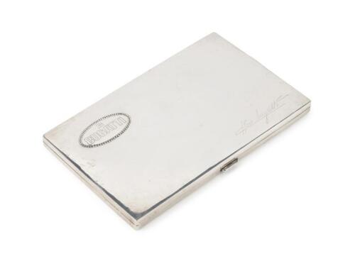 A fine late 1940s Bugatti stamped cigarette case, with embossed Bugatti Company logo and facsimile engraved signature of Ettore Bugatti