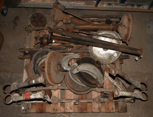 TRAPEZOIDS:, two trapezoids plus flanges, rear diff housing, two engine tubes, two rear axles half shafts, complete set of brake shoes, drums and backing plates. Two rear crossmembers, two brake cross shafts, a drive shaft, steering drop arm, two drag l