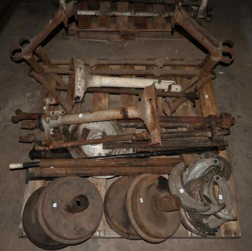 2 trapezoids req repairs, rear diff housing, 1 drive shaft, 2 rear crossmembers, 2 rear half shafts, complete set of brake shoes, back plates and drums, 2 rear brake cross shafts, track rod tube and drag link, engine tube prices, 2 track rod ends.