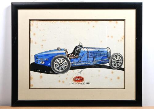 TYPE 51 GRAND PRIX: An original pen and wash sketch of a 1931&nbsp;Bugatti Grand Prix&nbsp;by R. Shepherd