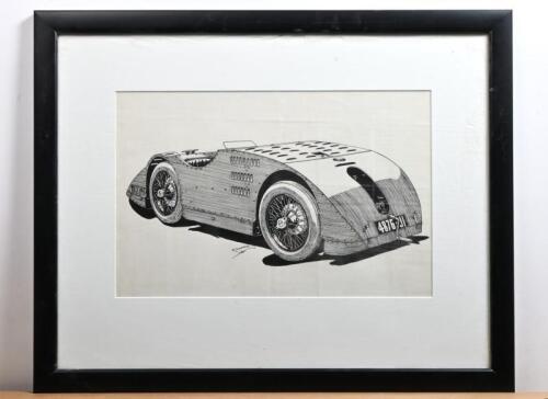 GRAND PRIX: An original pen and ink drawing of a 1923 Bugatti Grand Prix&nbsp;by R. Shepherd, signed centre right by the artist