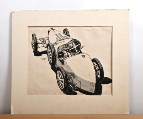 TYPE 35: An original pen and ink drawing of a 1924-27&nbsp;Bugatti Type 35 by R. Shepherd, signed centre right by the artist
