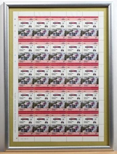 STAMPS: A framed page of fifty 60c stamps featuring a 1925 Lancia Lambda, 37 x 27cm overall
