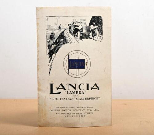 LAMBDA: A original Australian brochure for a Lancia Lambda 16 HP, produced by Shields Motor Company, Melbourne, the single sheet folding out with an illustration and fold out tab to the upper displaying the removable "saloon head". Further specifications 