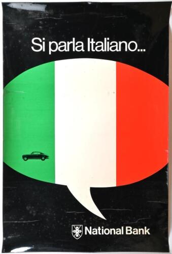 NATIONAL BANK: An advertising poster for the National Bank "Si Parla Italiano" featuring a Lancia, laminated, unframed, 76 x 51cm