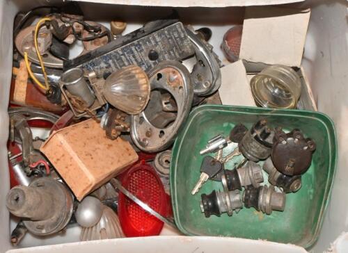 AURELIA B20: One box of electrical parts including Lucas park lamps, B20 tail lights and parts, fuse cover, cigar lighter holder, switch, four ignition switches, two set of keys - One with matched barrel