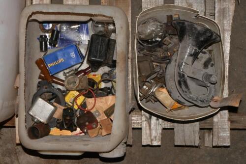 AURELIA B20: One box of electrical parts including, globes, insulators, a Carello switch, an insulating block and da Deviolux Torino fuse junction. One small box of various electrical components and one car horn.