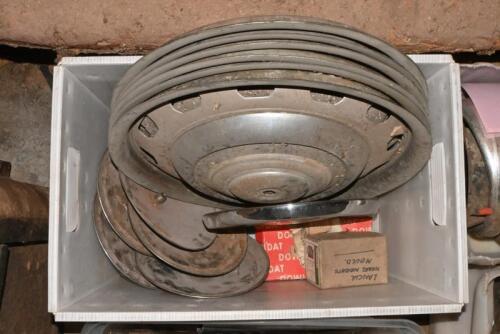 AURELIA B20: Six Lancia B20 wheel covers. Six Lancia Appia hubcaps. One Lancia Fulvia hub cap. Two boxes of Lancia wheel weights.