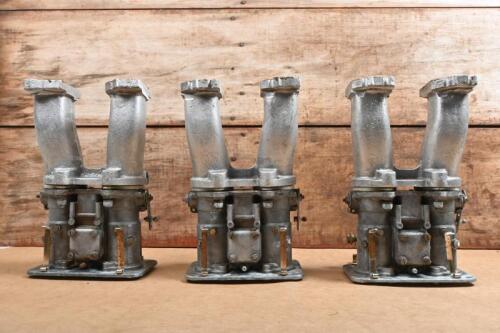 ASTON MARTIN: A set of triple Webers TIPO 450COE 13, Numbered 3867, 4356, 8213, suitable for various automobiles including Aston Martin DB6, Alfa Romeo, Lotus, M.G etc