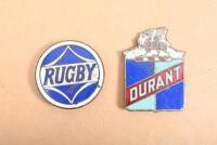 DURANT MOTORS: Two enameled badges including a Durant Motors badge and a Rugby 4 badge