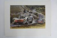 PORSCHE: Two prints featuring artists impression of Porsche at Le Mans and two other - 2