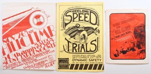POSTERS: Three unframed advertising posters, two Mount Tarrengower Hill Climb poster and a Geelong Speed trial, largest 43 x 29