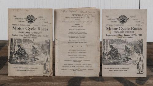 PROGRAMS: Three race programs from the Western Motor Cycle Club Motor cycle Races, Poplars Circuit from 1946, '47 & '48. 1946 lacking front cover