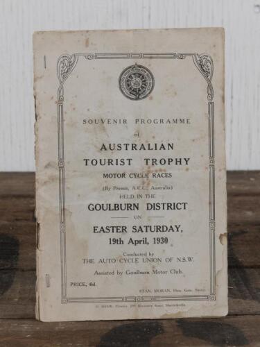 PROGRAMME: An original souvenir programme for the 1930 "Australian Tourist Trophy Motor Cycle Races" at the Goulburn District, later supporting staples