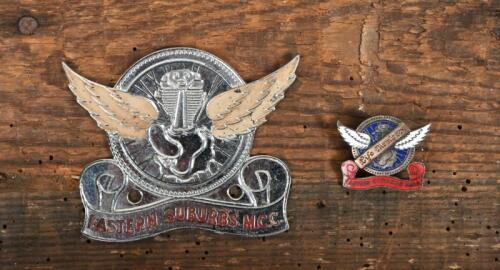 BADGES: Two Eastern Suburbs Motor Cycle Club badges, including an enamelled silver pin badge inscribed to the back "JL Hooper, 23.10.41" largest 6.5 x 8cm