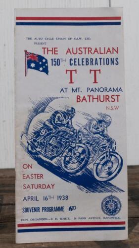 BATHURST T.T: A EASTER SATURDAY APRIL 16TH 1938 T T BATHURST SOUVENIR PROGRAMME from 'THE AUSTRALIAN 150TH CELEBRATIONS AT MT. PANORAMA', as presented by THE AUTO CYCLE UNION OF N.S.W. LTD, 32 pages, programme with pen writing.
