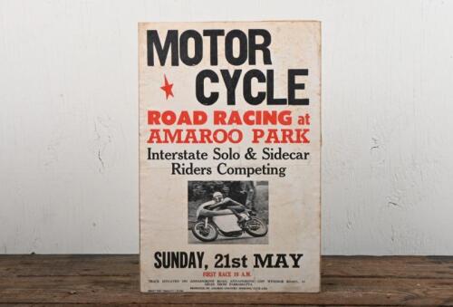AMAROO PARK: An original circa 1960s advertising poster for "Motor Cycle Road racing" at Amaroo Park, 21st May, 38 x 26cm