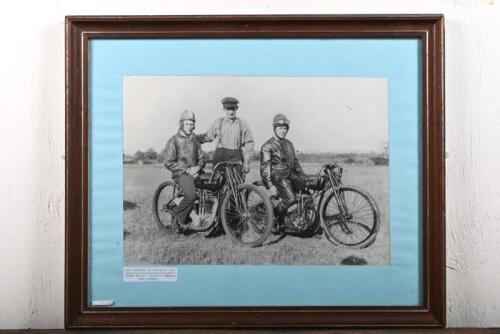 SPEEDWAY: A black and white photograph of "The Pioneers of Speedway" featuring Bobby Blake, Charlie Ogden and Jack Pitman, date of printing unknown, framed and glazed, 46 x 56cm overall, rear of frame nailed and glued