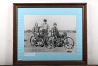 SPEEDWAY: A black and white photograph of "The Pioneers of Speedway" featuring Bobby Blake, Charlie Ogden and Jack Pitman, date of printing unknown, framed and glazed, 46 x 56cm overall, rear of frame nailed and glued