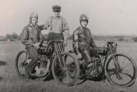 SPEEDWAY: A black and white photograph of "The Pioneers of Speedway" featuring Bobby Blake, Charlie Ogden and Jack Pitman, date of printing unknown, framed and glazed, 46 x 56cm overall, rear of frame nailed and glued - 3