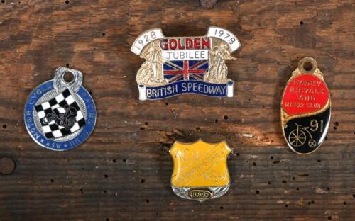 BADGES: A collection of four enamelled metal motorcycle club badges, including ACU NSW, largest 3 x 4cm
