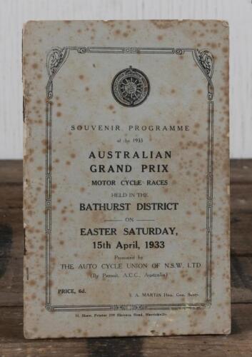 PROGRAMME: A rare and important souvenir programme for the 1933 "Australian Grand Prix Motor Cycle Races" held in the Bathurst District, later stapled to support spine