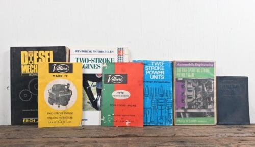 TWO-STROKE/DIESEL: A collection of books and publications relating to two-stroke and diesel engines, including Villiers two and four stroke engine operating instructions and spare parts list.