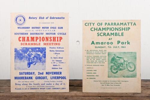 MOOREBANK/AMAROO PARK: Two original circa 1960s advertising posters for "Southern Districts Motor Cycle Championship Scramble Meeting" and "City of Parramatta Championship Scramble"