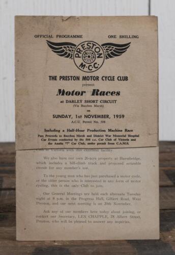 PRESTON MOTOR CYCLE CLUB: A SUNDAY, 1st NOVEMBER, 1959 Official Programme for 'Motor Races', DARLEY SHORT CIRCUIT, as presented by THE PRESTON MOTOR CYCLE CLUB; programme with pencil writing, lacking section to front cover.