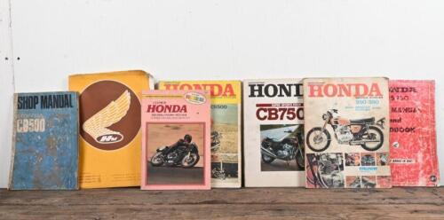 HONDA: A group of HONDA related Shop and Repair Manuals including 125/150, 250/350, CB500, CB750K model manuals, together with a Honda Motors folder housing numerous circa 1970's Honda motor cycle sales brochures detailing such models as 90 SCRAMBLER, 175