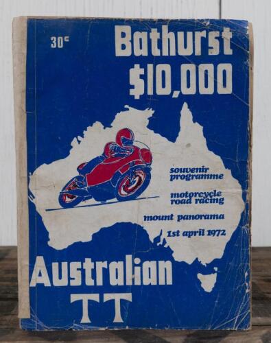 PROGRAMME: An original souvenir programme for the 1972 "Bathurst $10,000 Australian TT" motorcycle race held at Mt Panorama, Bathurst, later paper support to spine