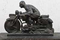 TROPHY: A cast spelter trophy featuring a 1930s motorcycle and rider on an onyx and fiddleback blackwood base - 3