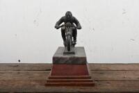 TROPHY: A cast spelter trophy featuring a 1930s motorcycle and rider on an onyx and fiddleback blackwood base - 4