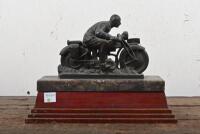 TROPHY: A cast spelter trophy featuring a 1930s motorcycle and rider on an onyx and fiddleback blackwood base - 5