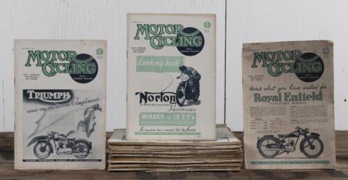 MOTOR CYCLE: Fifty-two issues of Motor Cycle Magazine from 1945 Vol 71/73, ranging from No. 1832-1883, few with paper loss to front cover